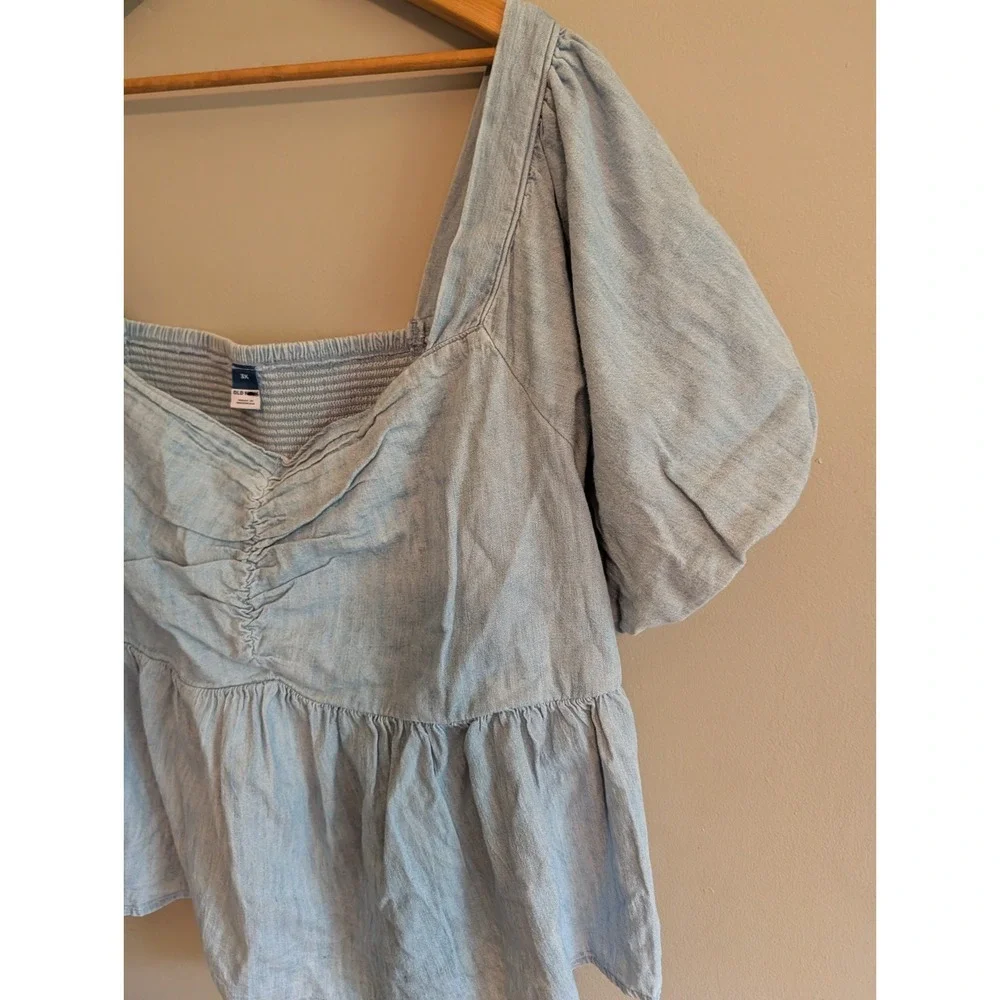 Old Navy 3X Denim Chambray Peasant Top‎ Puff Sleeve Smocked Boho Prairie Cottage